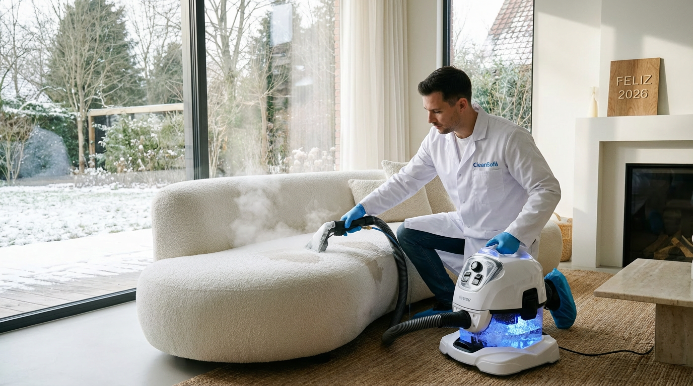 Profissional da CleanSofá realizando limpeza de sofá em Aracaju com extratora profissional.